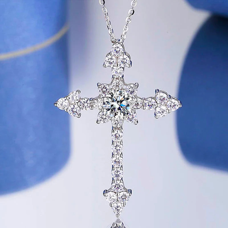Cross Pendant Necklace 925 Sterling Silver Moissanite Christian Diamond Chain