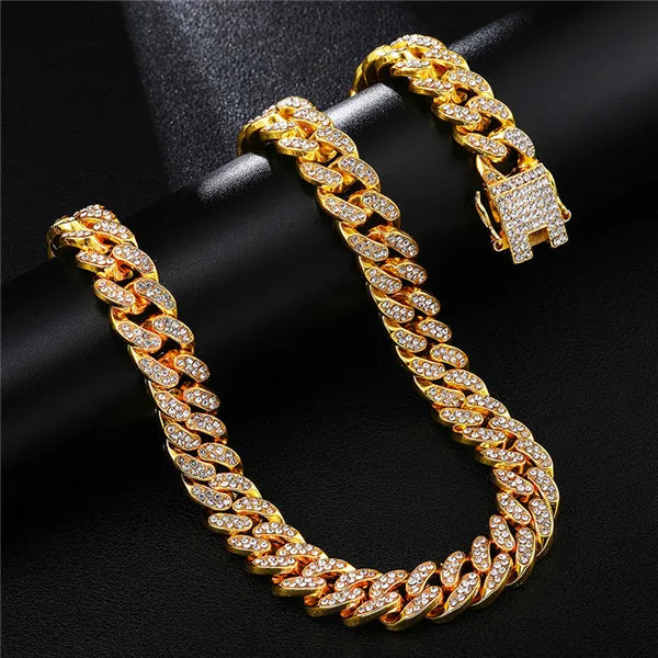 13mm Cuban Link Chain For Men Iced Out Bling Cuban Chain Rhinestone