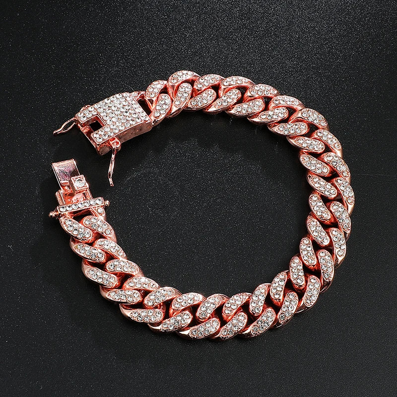 Hip Hop 13mm Rose Cuban Chain Iced Out Bling Rhinestone Chaine Homme Jewelry