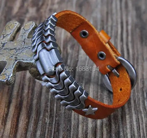 Orange Leather Bracelet Wristband with Studs Men's