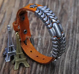 Orange Leather Bracelet Wristband with Studs Men's