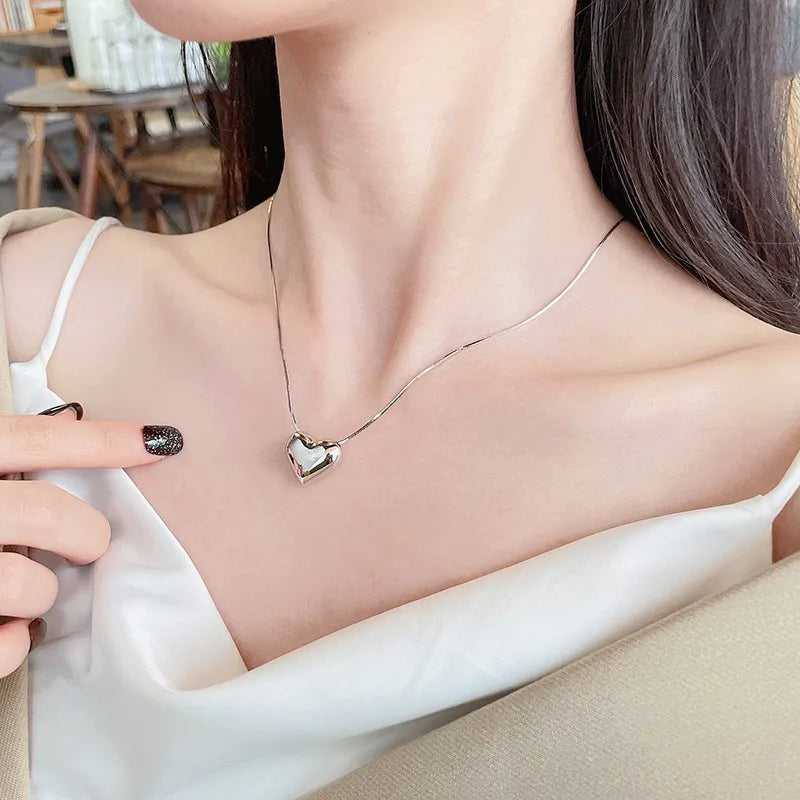 S925 Silver 3D Heart Necklace Retro Platinum Women Wedding Jewelry