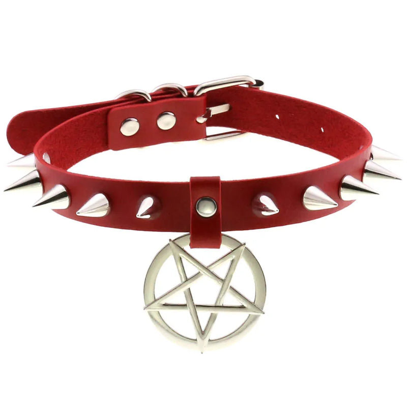 Metal Spike PU Leather Collar Necklace with Pendant Punk Jewelry