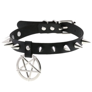 Metal Spike PU Leather Collar Necklace with Pendant Punk Jewelry