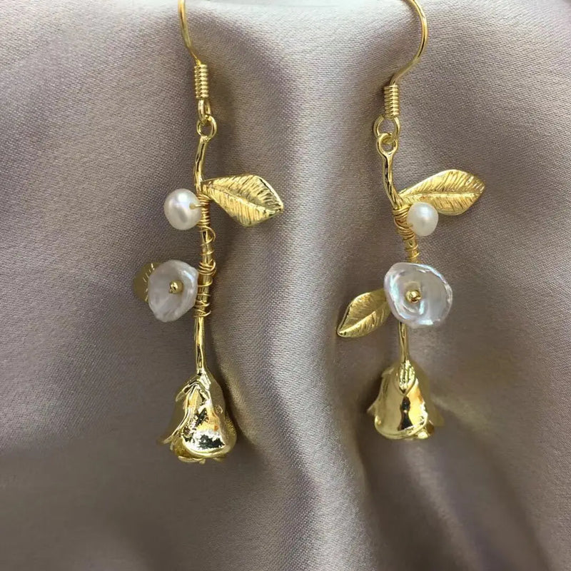 14k Rose Ear Hooks Light Jewelry Pearl Retro Earrings