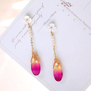 Red Crystal Pearl Studs Earrings 925 Silver Jewelry for Women