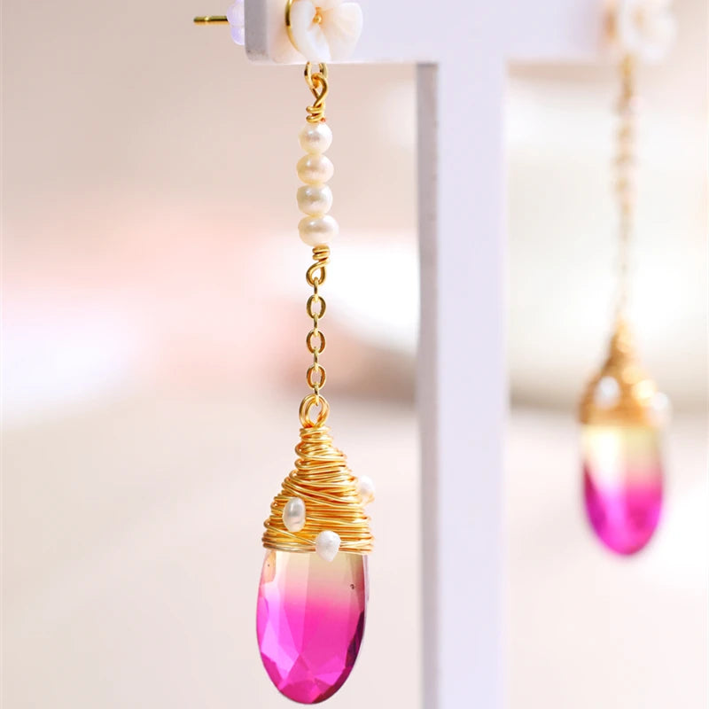 Red Crystal Pearl Studs Earrings 925 Silver Jewelry for Women