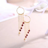 Garnet & Pearl Tassel Earrings, Copper Plated