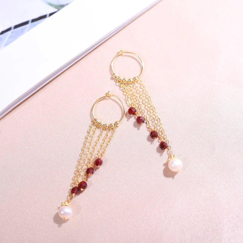 Garnet & Pearl Tassel Earrings, Copper Plated