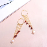 Garnet & Pearl Tassel Earrings, Copper Plated