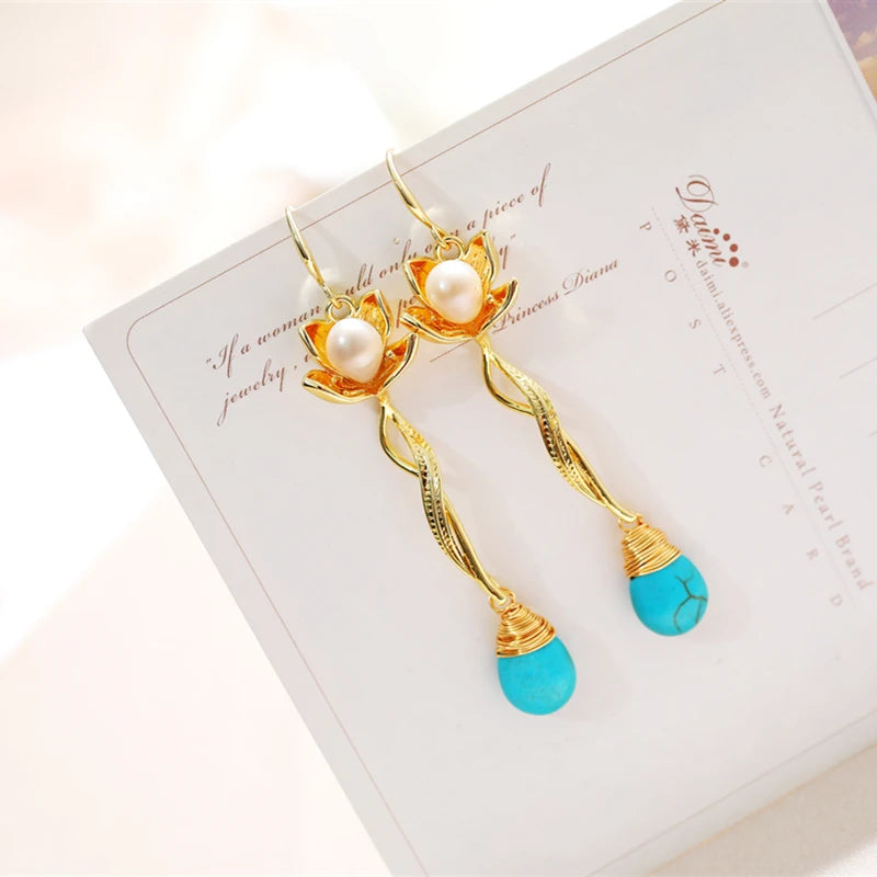 Turquoise Pearl Earrings, 7-8mm, Women's Jewelry Gift