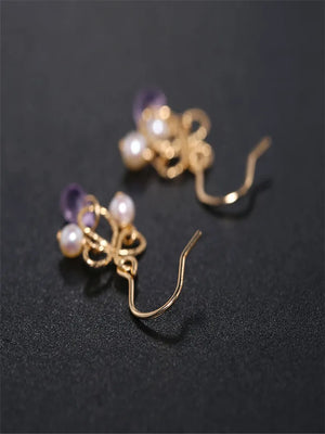 Amethyst Earrings Freshwater Pearl 14K Yellow Gold Women's Gemstones