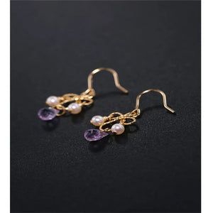 Amethyst Earrings Freshwater Pearl 14K Yellow Gold Women's Gemstones