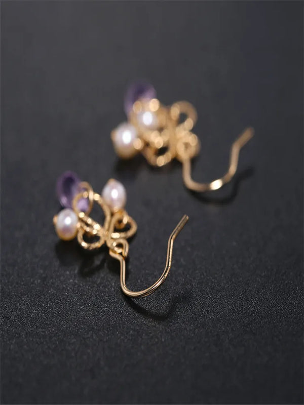 Amethyst Earrings Freshwater Pearl 14K Yellow Gold Women's Gemstones
