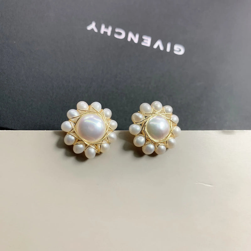 Freshwater Pearl Studs Earrings 925 Sterling Silver Hand Winding