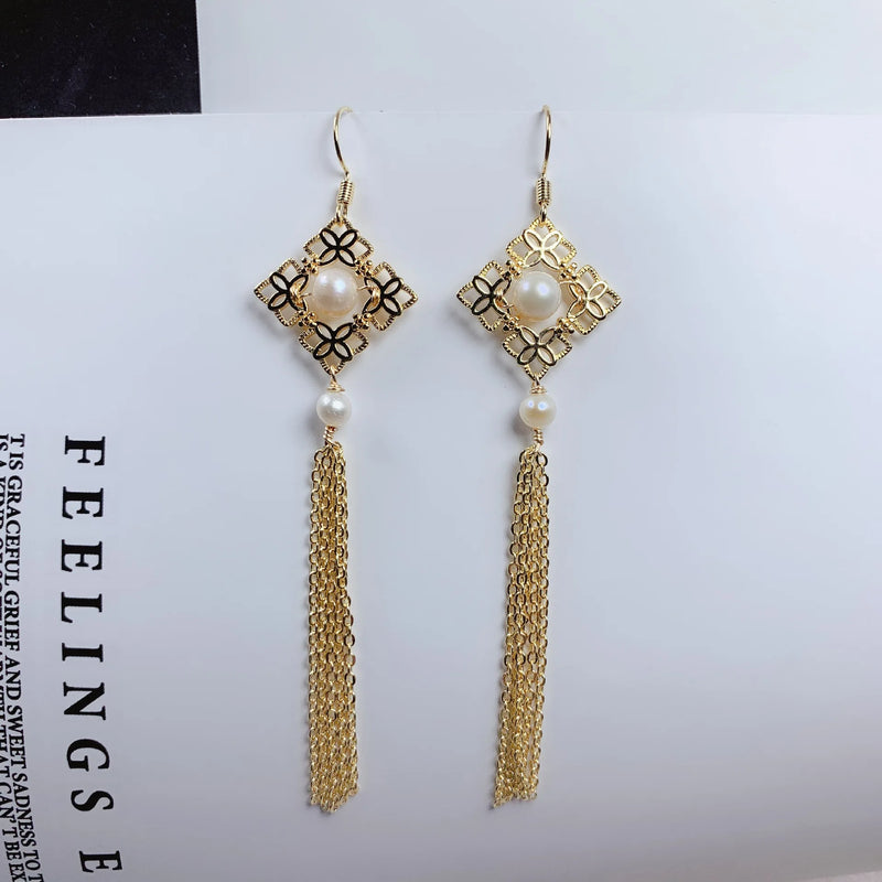 Hollow Freshwater Pearl Palace Retro Earrings Tassel Step Shaking Ear Hook