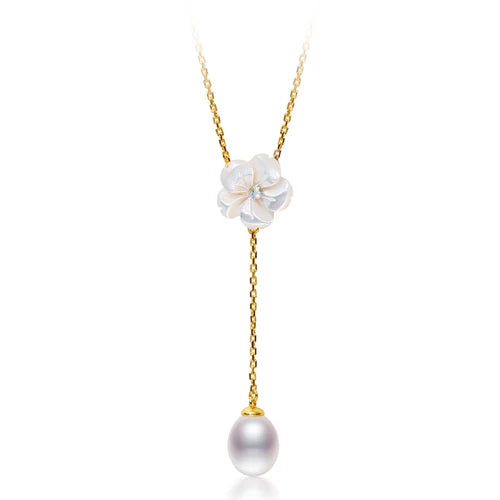 Romantic Peach Blossom S925 Sliver Necklace Pendant with Water Drop Pearl
