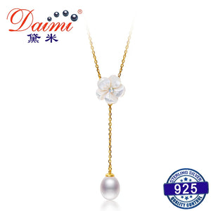 Romantic Peach Blossom S925 Sliver Necklace Pendant with Water Drop Pearl