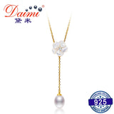 Romantic Peach Blossom S925 Sliver Necklace Pendant with Water Drop Pearl