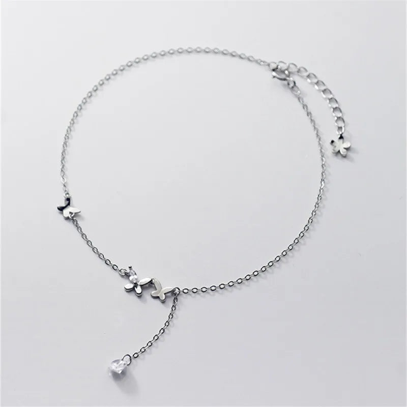 925 Silver Butterfly Flower Anklets Crystal Tassel Pendant Foot Jewelry