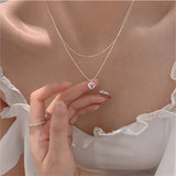925 Silver Choker Necklace Double Layer Heart Pendant Charm
