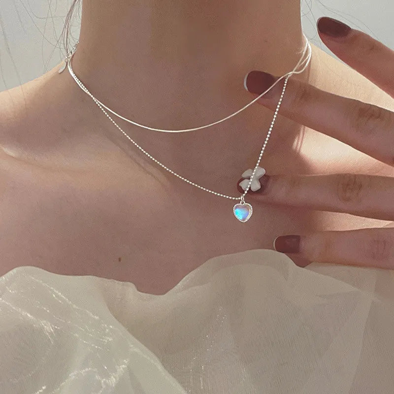 925 Silver Choker Necklace Double Layer Heart Pendant Charm