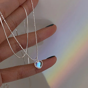 925 Silver Choker Necklace Double Layer Heart Pendant Charm
