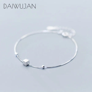 925 Silver Geometric Beads Box Chain Bracelet Women Adjustable Party Gift