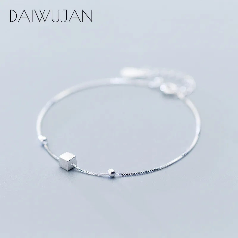 925 Silver Geometric Beads Box Chain Bracelet Women Adjustable Party Gift