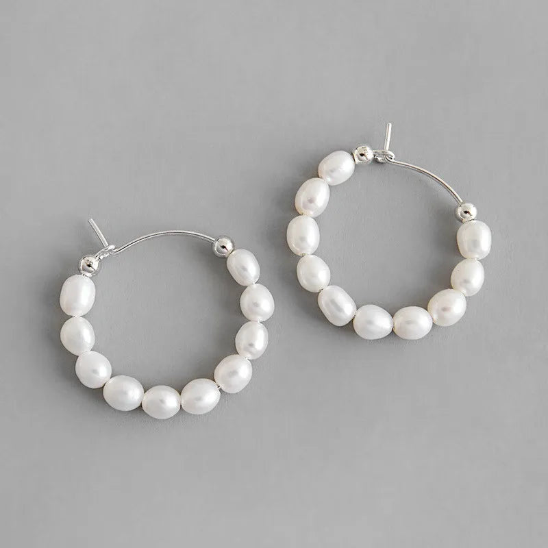 925 Silver Pearl Earrings Freshwater Beaded Hoop Females