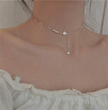 925 Sterling Silver Stars Tassel Necklace Pearl Choker