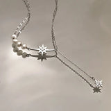 925 Sterling Silver Stars Tassel Necklace Pearl Choker