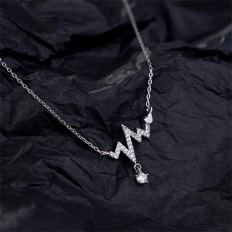 925 Silver Zircon Heartbeat Necklace Heart Pendant Wedding Jewelry