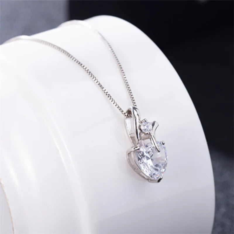 Pink Heart Necklace 925 Silver Love Crystal Pendant Anniversary Wedding Gift