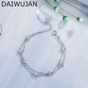 Double Layers Stars Charm Bracelets Pink Zircon Silver Chain