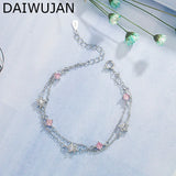 Double Layers Stars Charm Bracelets Pink Zircon Silver Chain