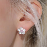 925 Silver Cherry Blossoms Stud Earrings Pink Flower Wedding Jewelry