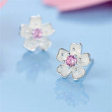 925 Silver Cherry Blossoms Stud Earrings Pink Flower Wedding Jewelry