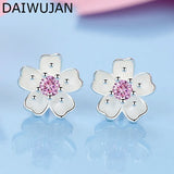 925 Silver Cherry Blossoms Stud Earrings Pink Flower Wedding Jewelry