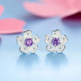 925 Silver Cherry Blossoms Stud Earrings Pink Flower Wedding Jewelry