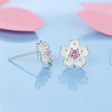 925 Silver Cherry Blossoms Stud Earrings Pink Flower Wedding Jewelry