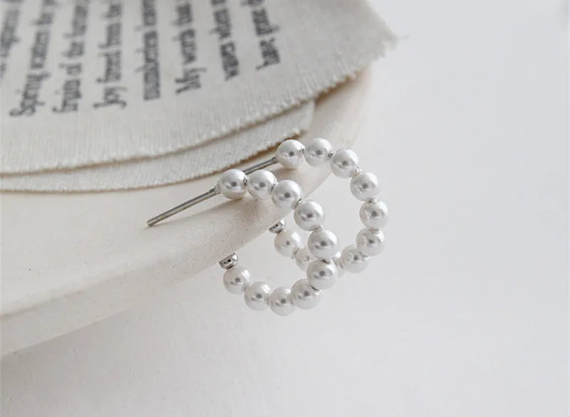 Geometric Round Pearl Earrings 925 Sterling Silver Hoop Earrings