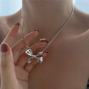 925 Silver Bowknot Pendant Necklace Snake Chain Choker