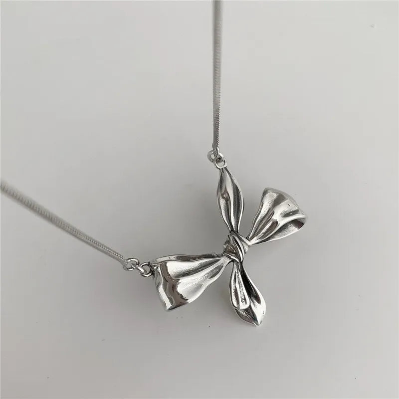 925 Silver Bowknot Pendant Necklace Snake Chain Choker