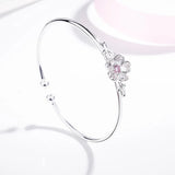 925 Silver Cuff Bracelets Pink Purple Zircon Cherry Blossoms Open Bracelet