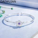 925 Silver Cuff Bracelets Pink Purple Zircon Cherry Blossoms Open Bracelet