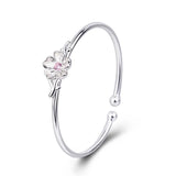 925 Silver Cuff Bracelets Pink Purple Zircon Cherry Blossoms Open Bracelet