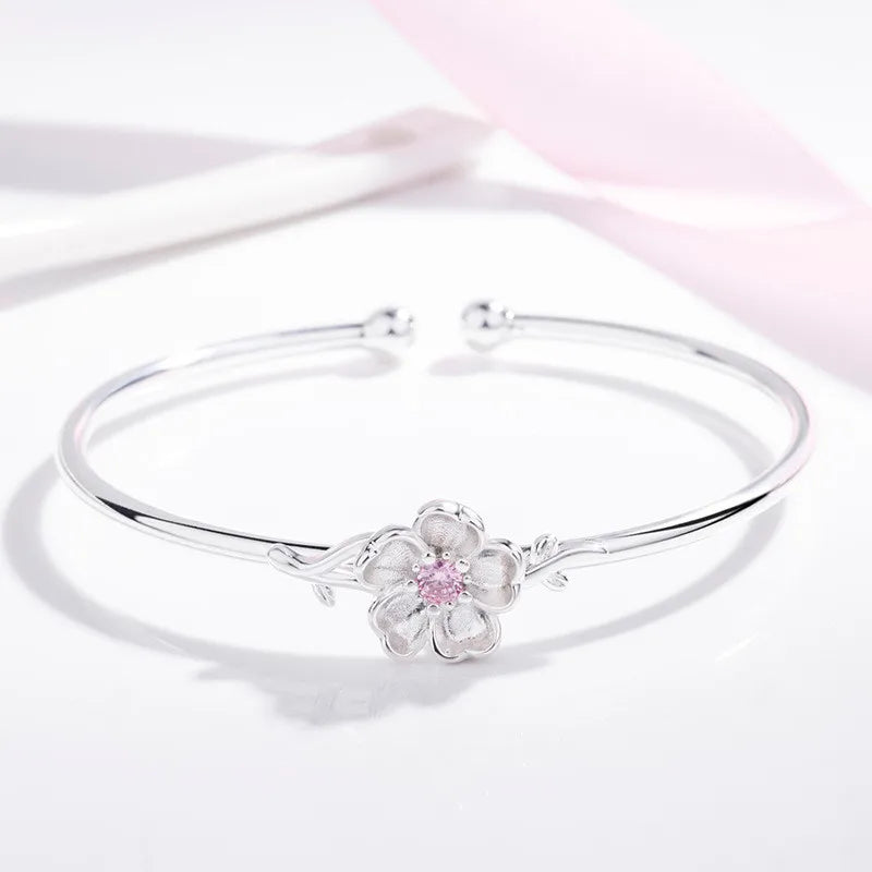 925 Silver Cuff Bracelets Pink Purple Zircon Cherry Blossoms Open Bracelet