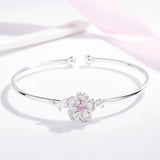925 Silver Cuff Bracelets Pink Purple Zircon Cherry Blossoms Open Bracelet