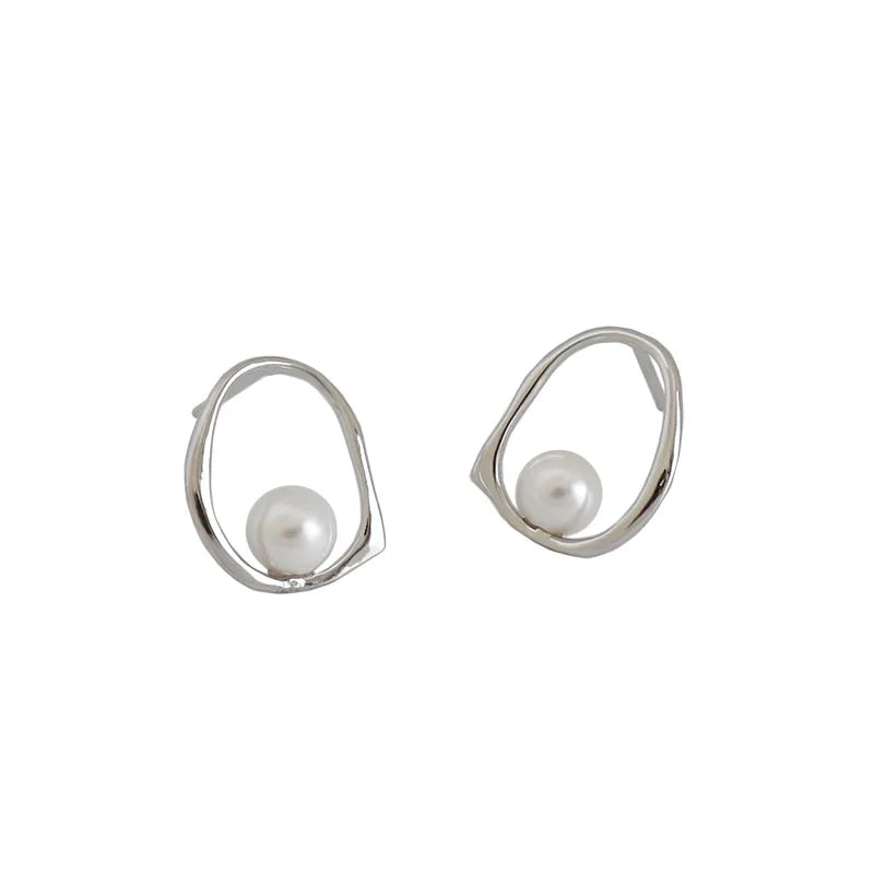 925 Silver Pearl Stud Earrings Women Irregular Round Jewelry